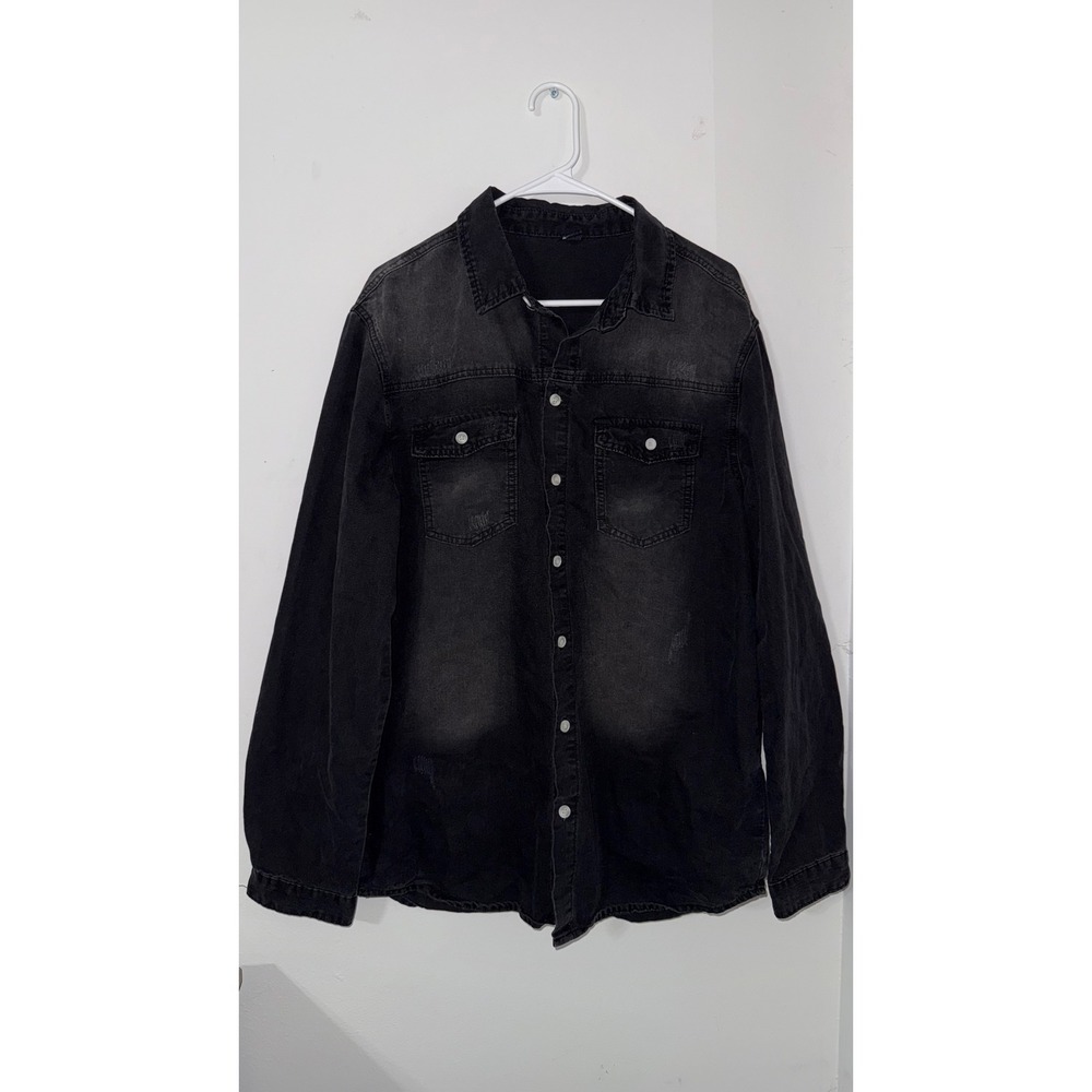 Manfinity Mens Black Denim Button Down Shirt Distressed Acid Wash Long Sleeve L